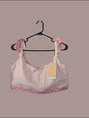 Pink Gingham Floral-Trim Bralette with Ruffle Straps